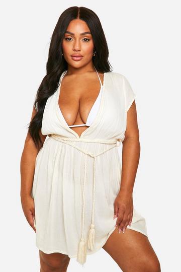 Plus Cheesecloth Tie Beach Dress cream