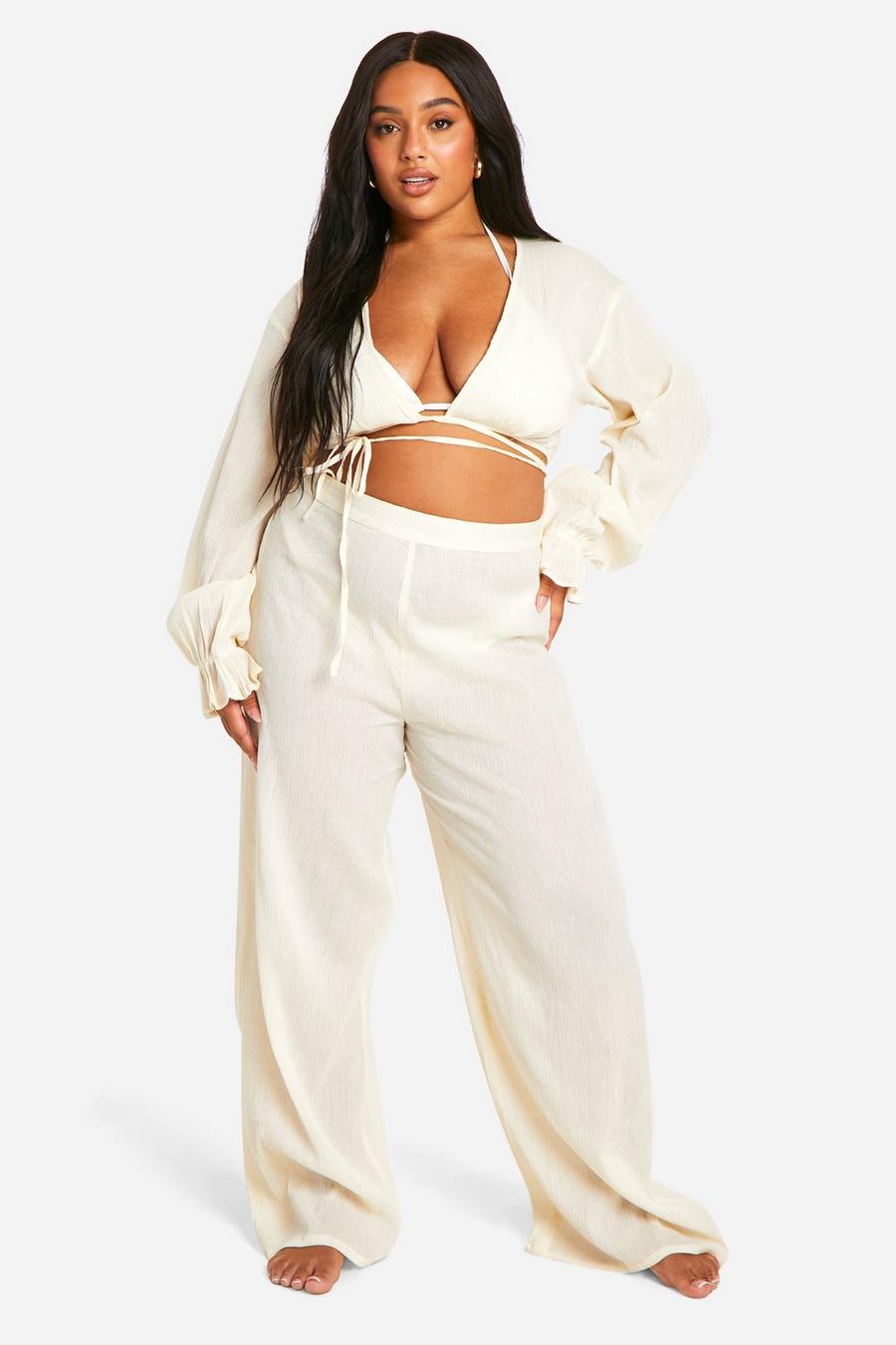 Cream Plus Tie Front Top And Pants Beach Coord image number 1