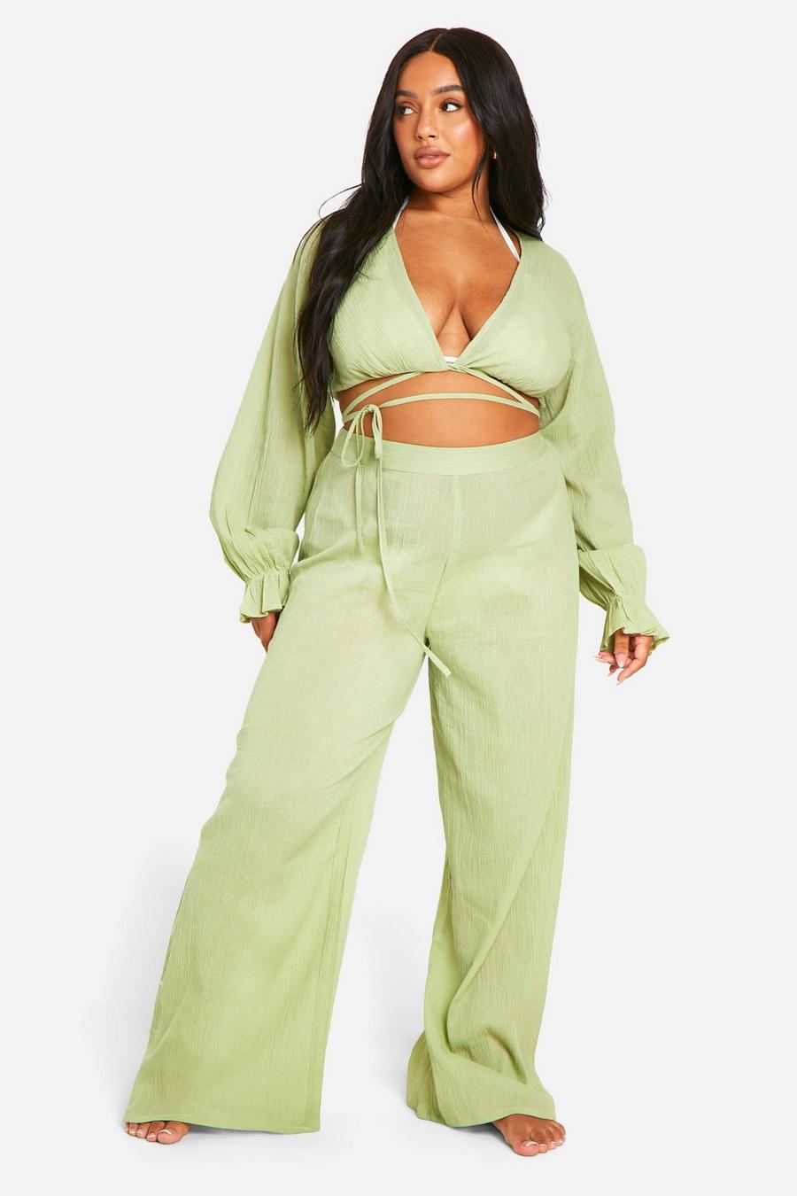 Olive Plus Tie Front Top And Trouser Beach Coord