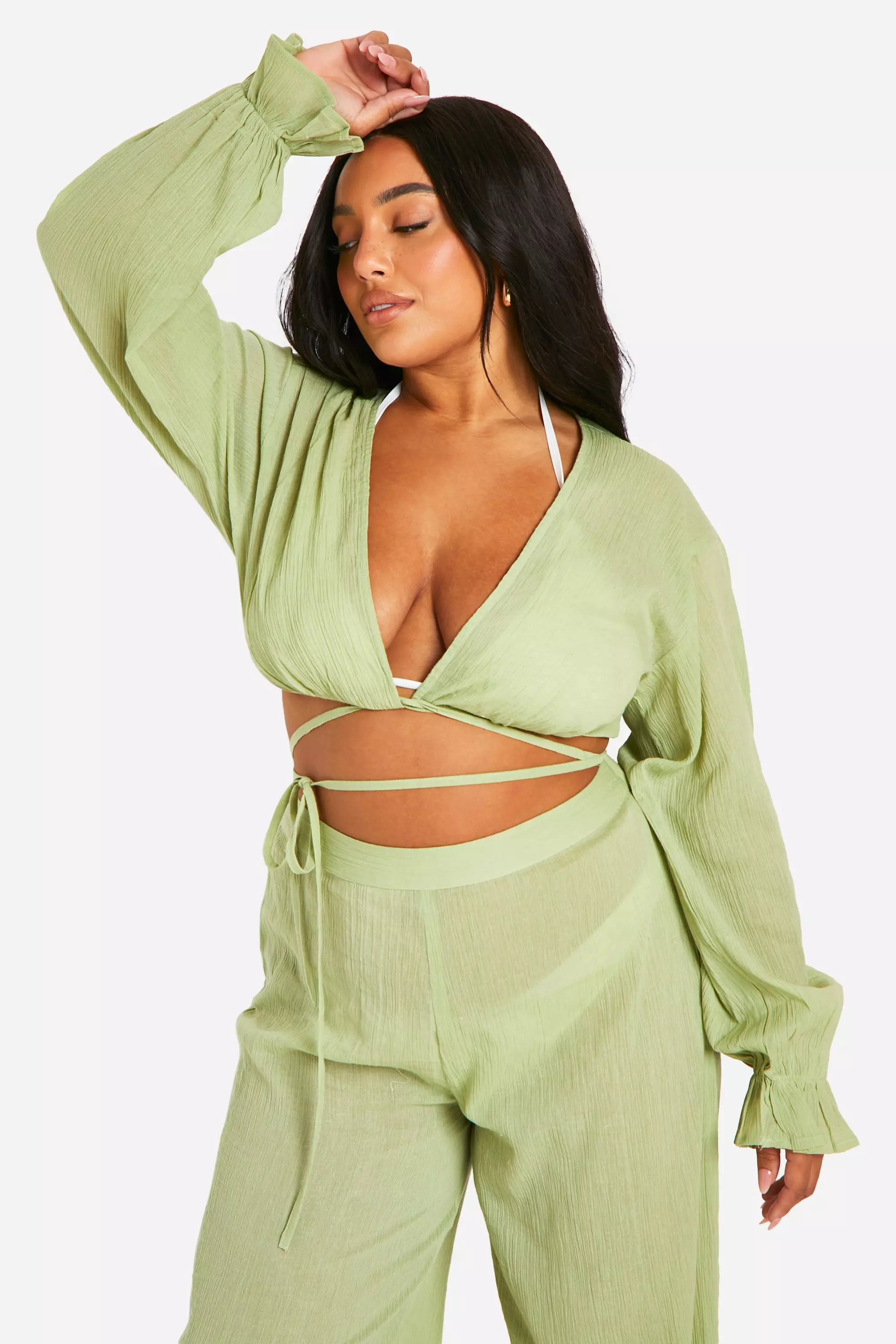 Olive Plus Tie Front Top And Trouser Beach Coord alternative image