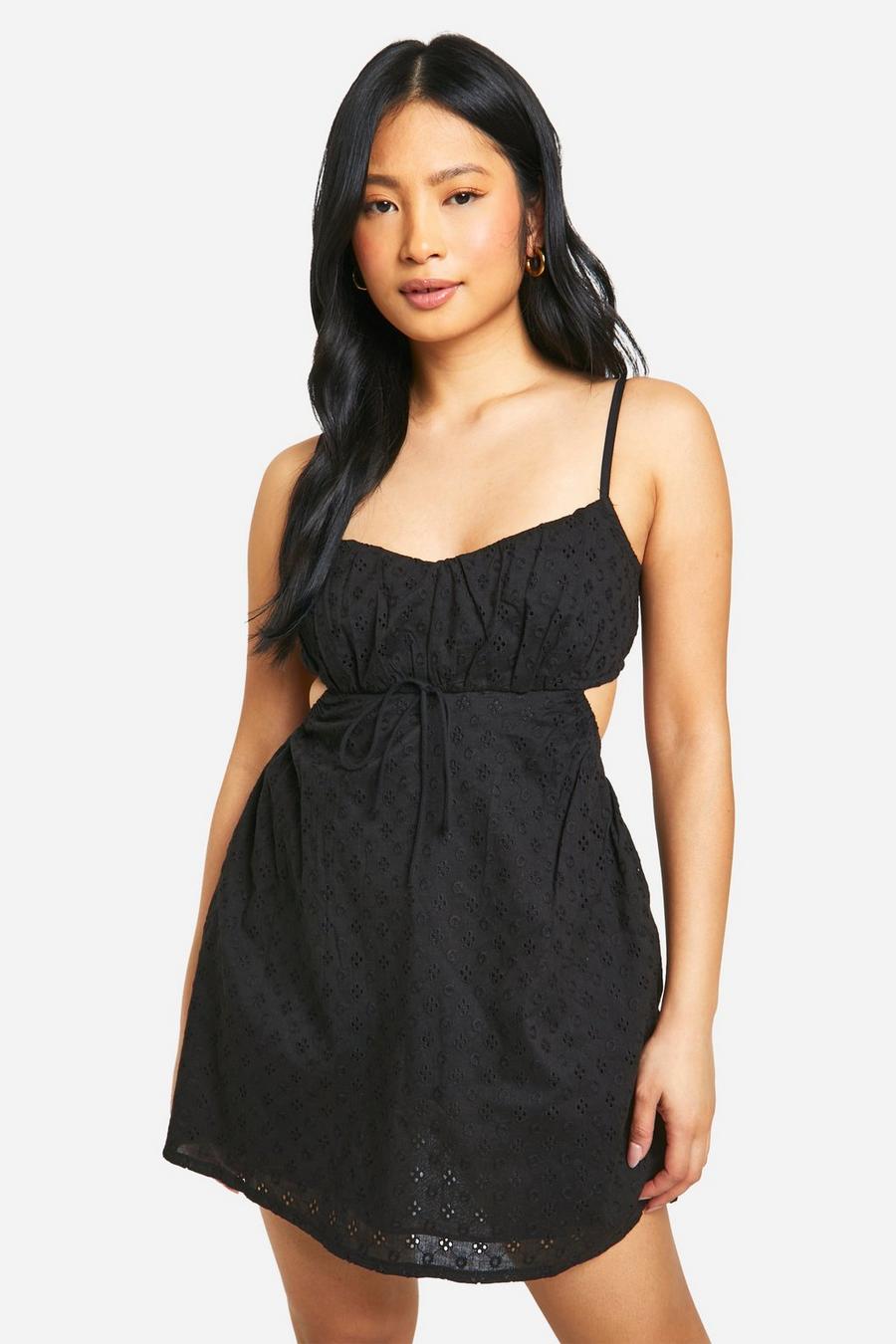 Black Petite Broderie Cut Out Mini Dress image number 1