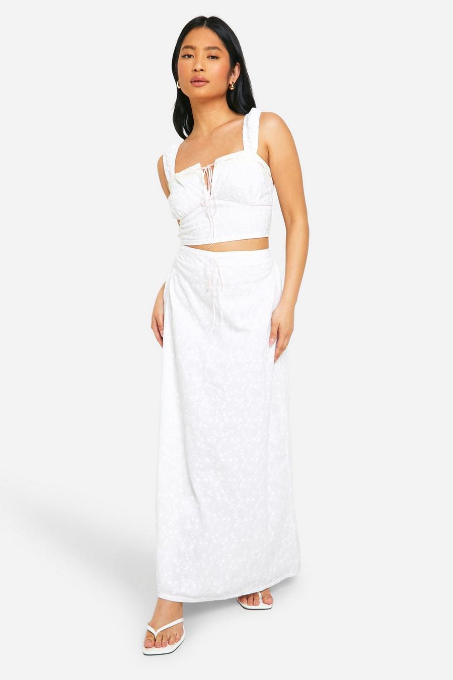 White Petite Broderie Contrast Bow Maxi Skirt image number 1