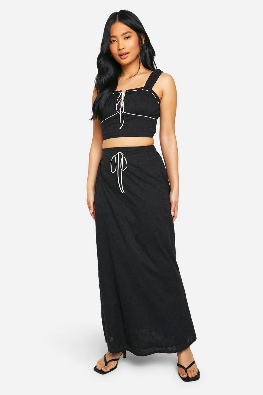 Black Petite Broderie Contrast Bow Maxi Skirt image number 1