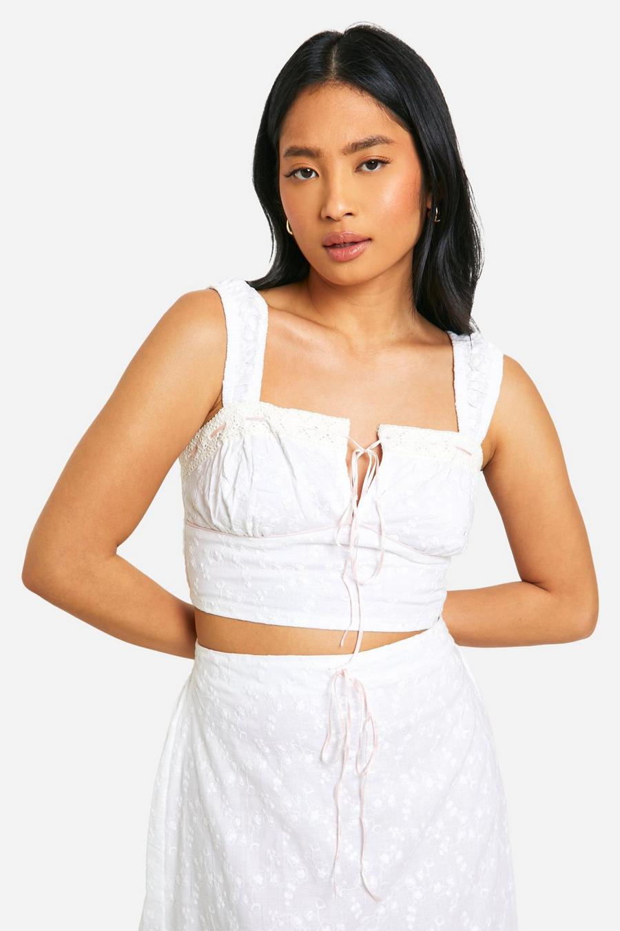 White Petite Eyelet Contrast Bow Top image number 1