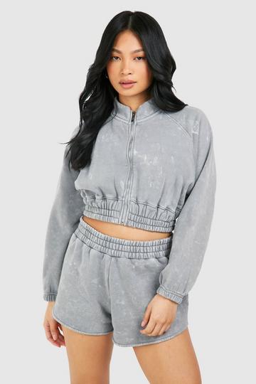 Petite Washed Cropped Bomber Short Tracksuit grey