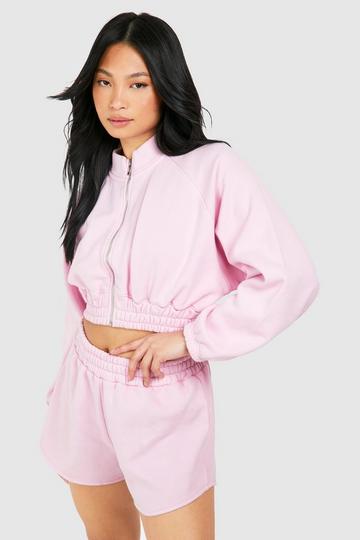 Pink Petite Washed Cropped Bomber Short Tracksuit