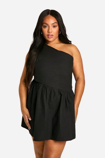 Black Plus One Shoulder Cut Out Skater Dress