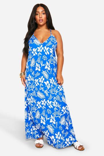 Blue Plus Hibiscus V Neck Strappy Maxi Dress