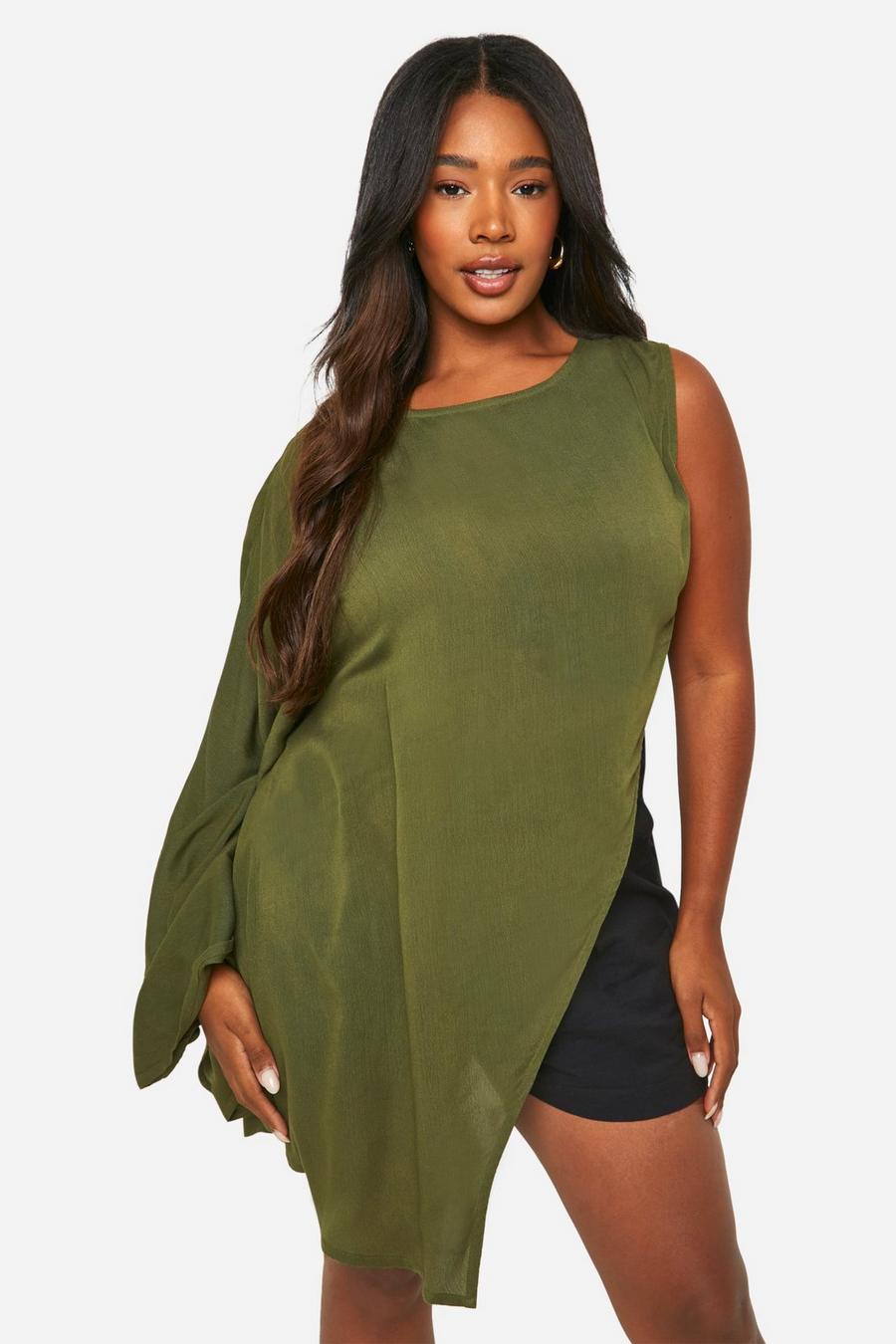 Khaki Plus Cheesecloth High Neck Longline Top image number 1