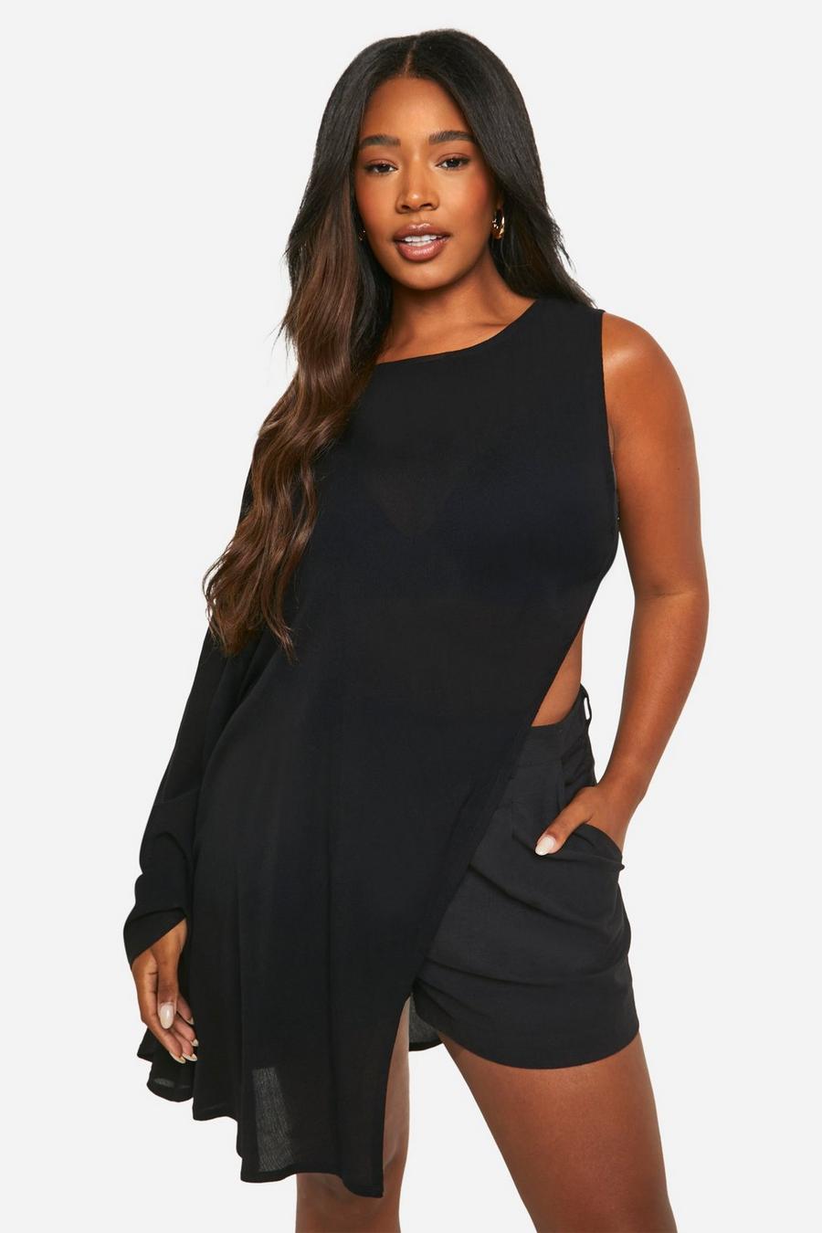 Black Plus Cheesecloth High Neck Longline Top image number 1