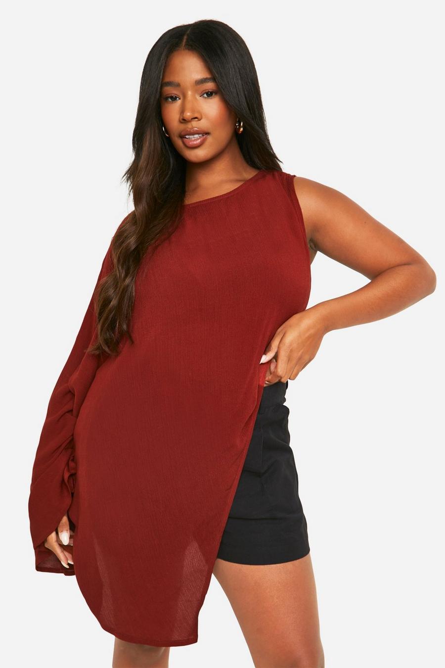 Rust Plus Cheesecloth High Neck Longline Top