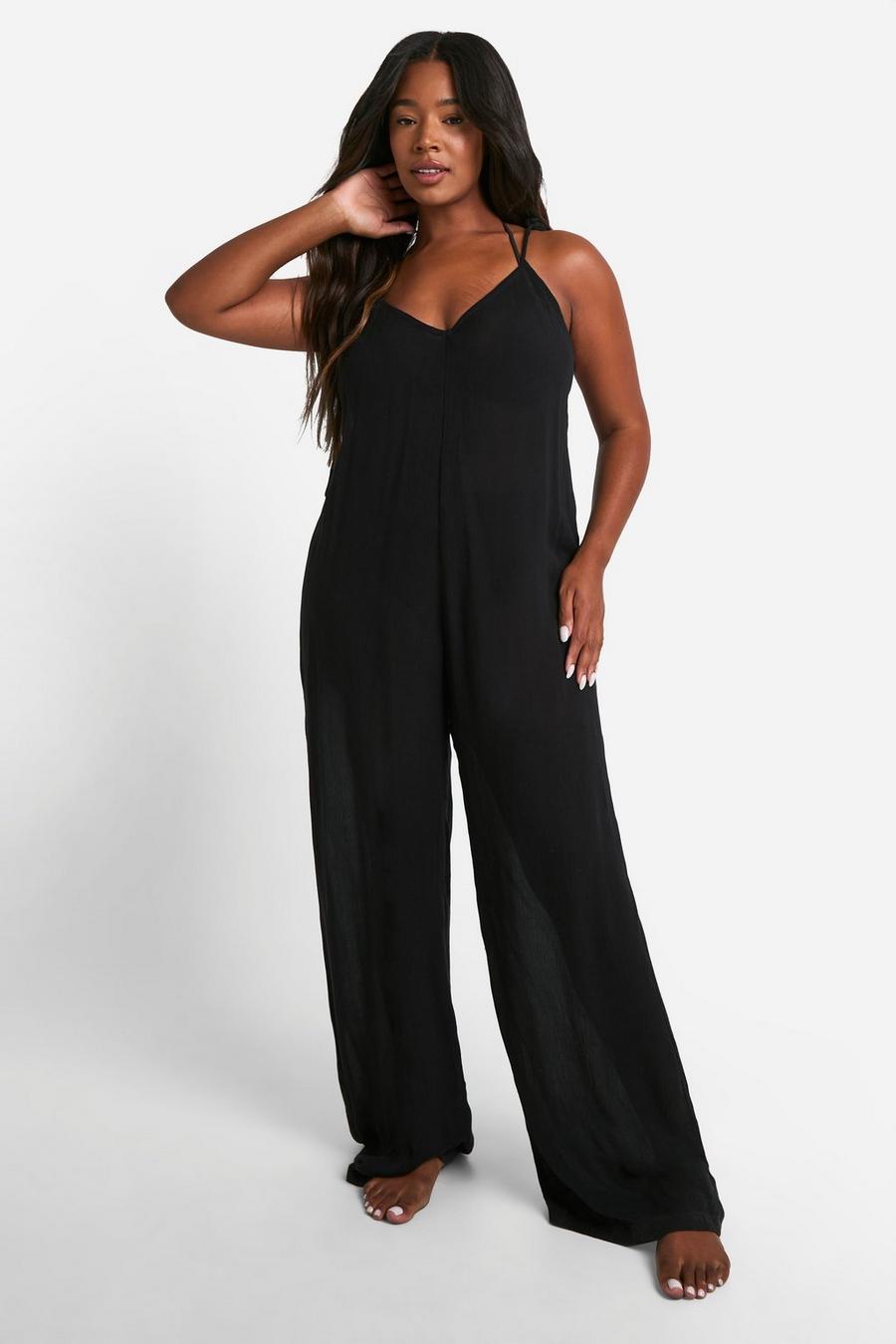 Black Plus Strappy Cheesecloth Wide Leg Beach Jumpsuit