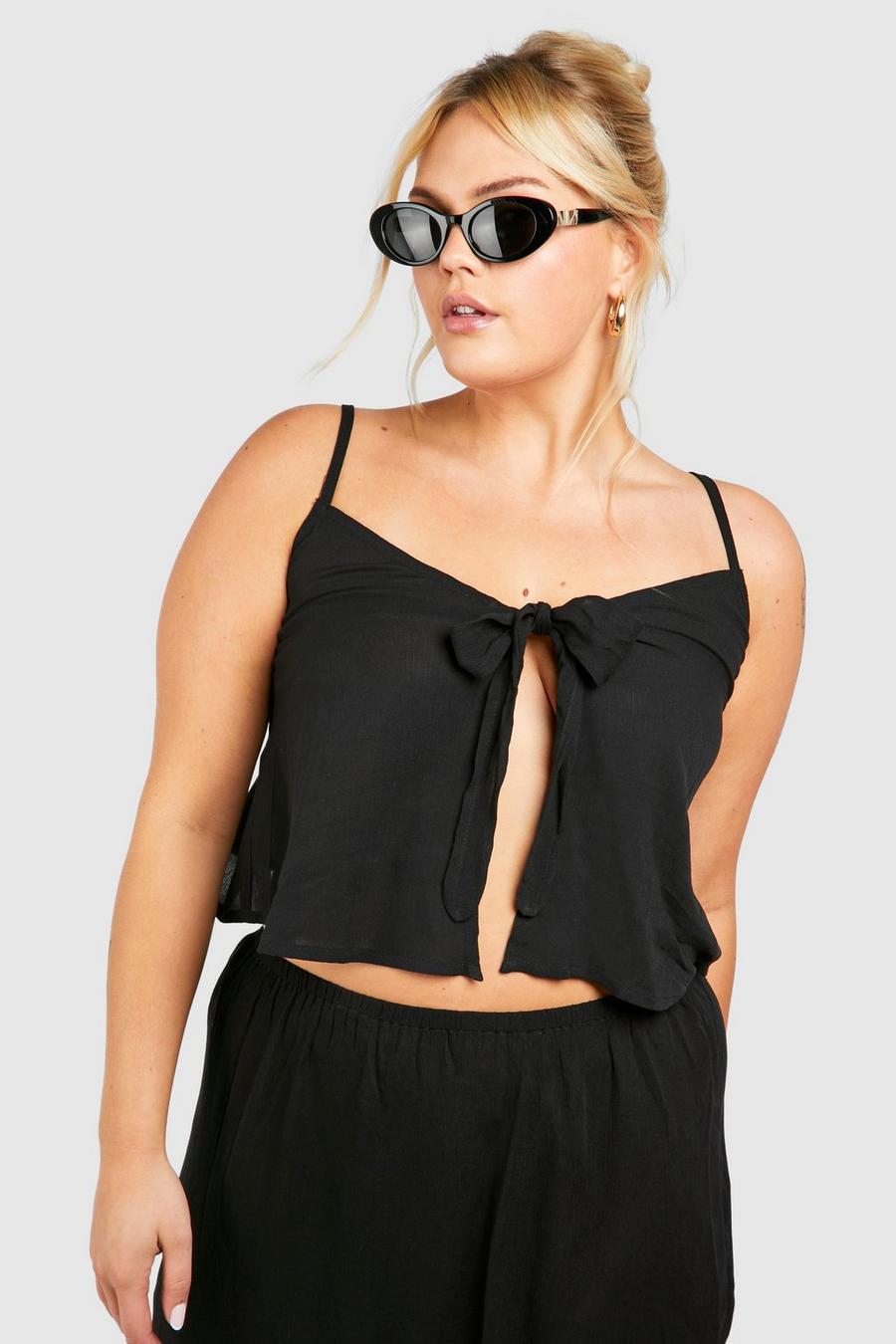 Plus Cheesecloth Tie Front Top, Black