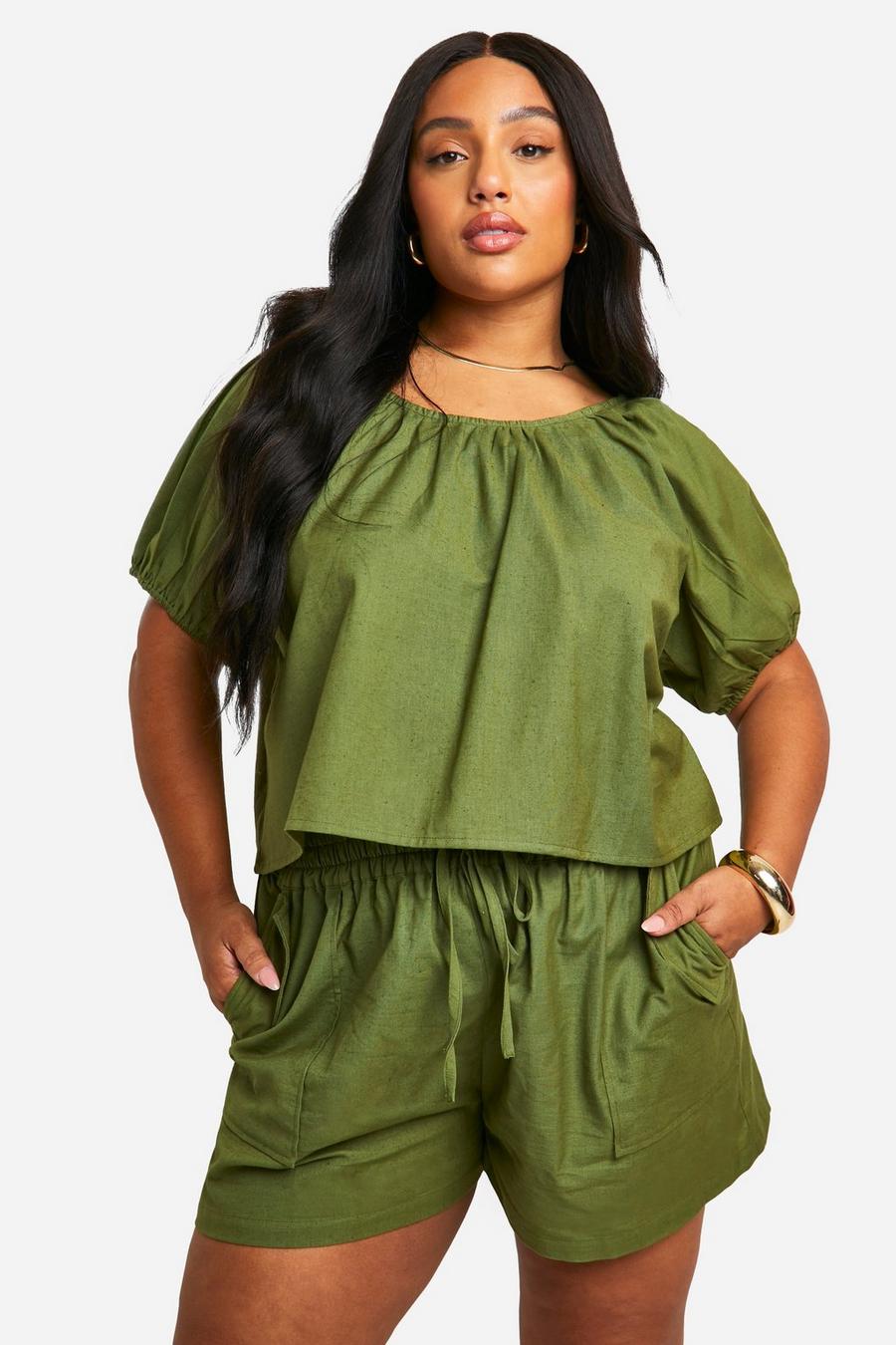 Khaki Plus Cotton Blend Puff Sleeve Top & Short Co-ord image number 1