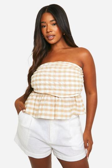 Plus Gingham Ruched Bandeau Top stone