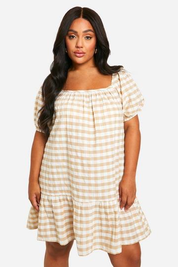 Plus Gingham Tiered Smock Dress stone