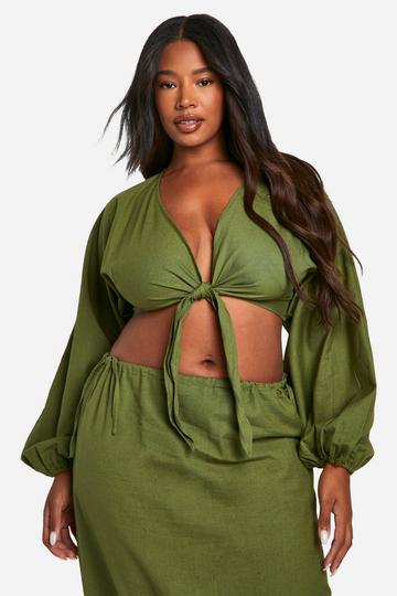 Plus Cotton Tie Front Crop Top khaki