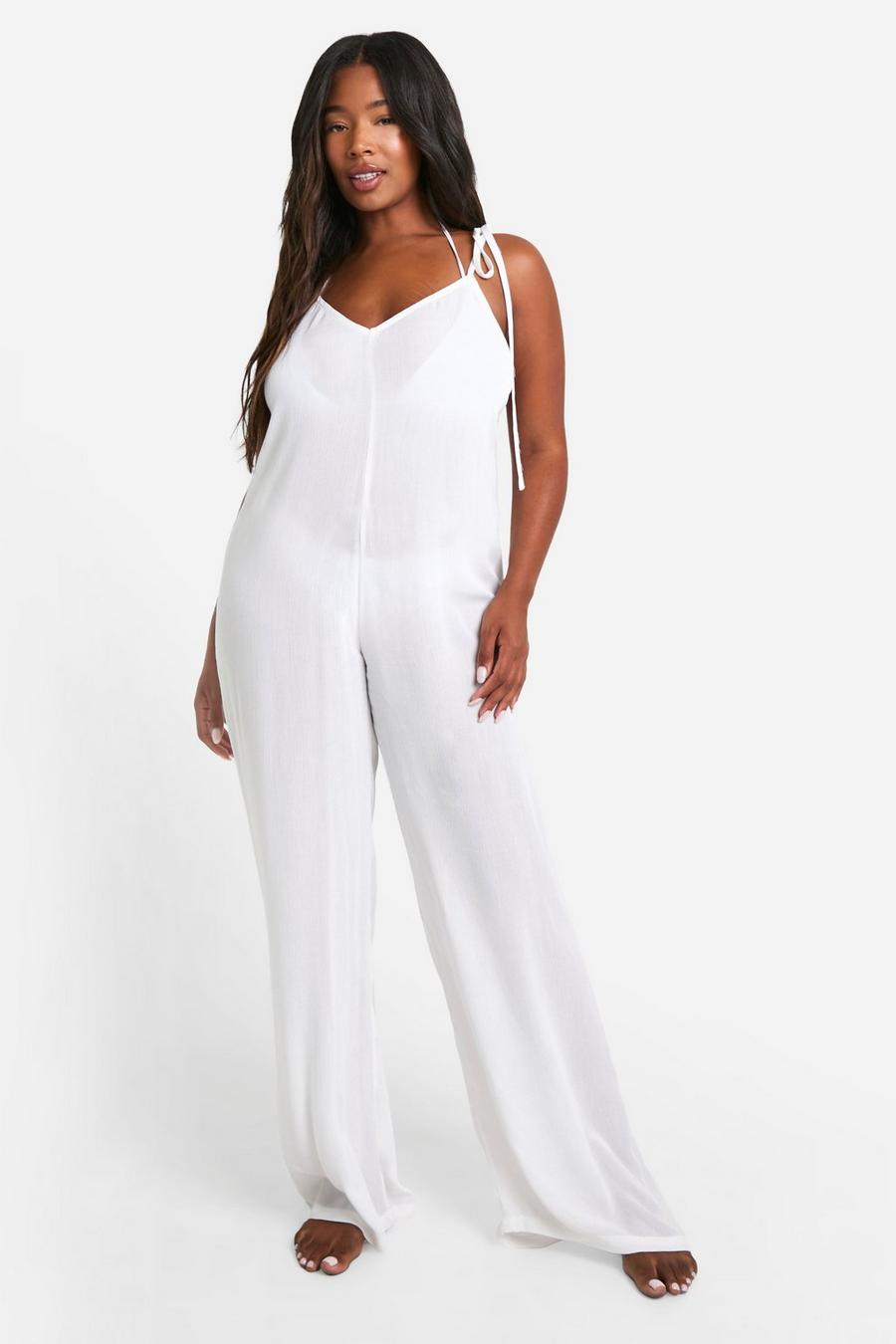 White Plus Strappy Cheesecloth Wide Leg Beach Jumpsuit image number 1