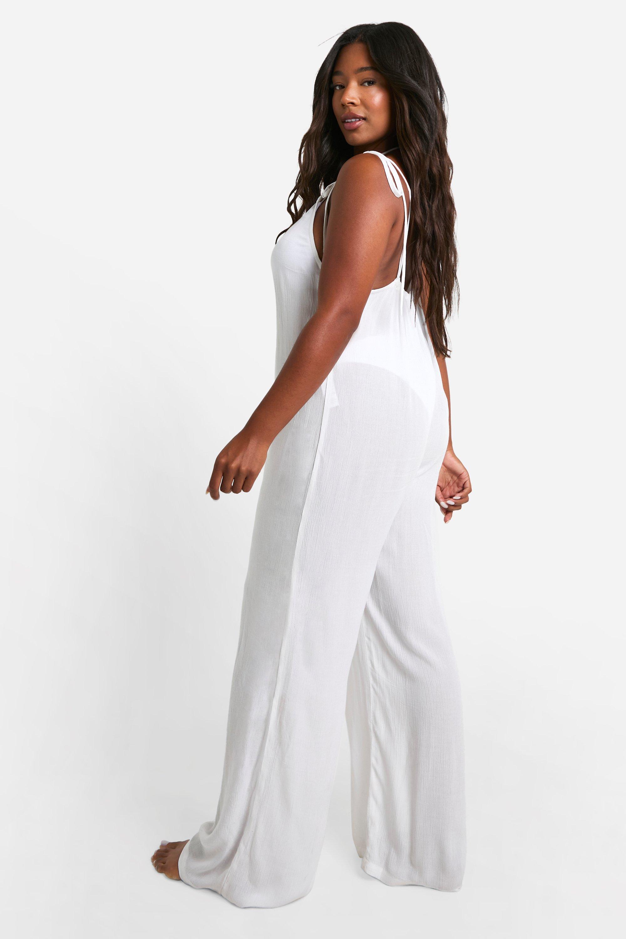 Plus Strappy Cheesecloth Wide Leg Beach Jumpsuit boohoo