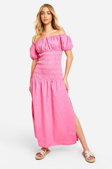 Pink Cotton Poplin Shirred Puff Sleeve Maxi Dress