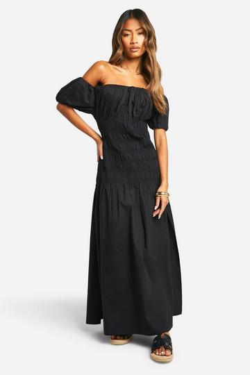 Cotton Poplin Shirred Puff Sleeve Maxi Dress black