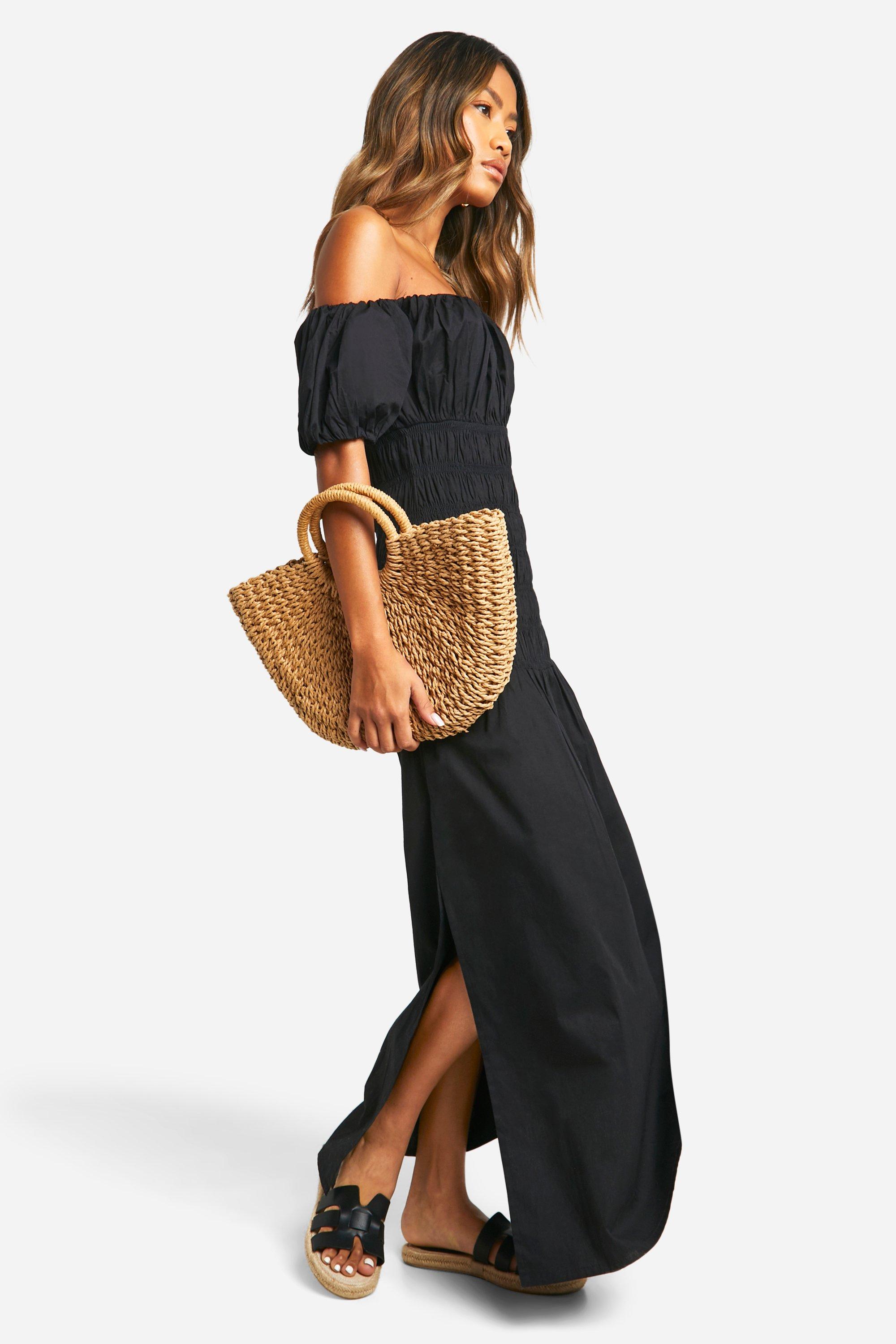 Cotton Poplin Shirred Puff Sleeve Maxi Dress | boohoo USA
