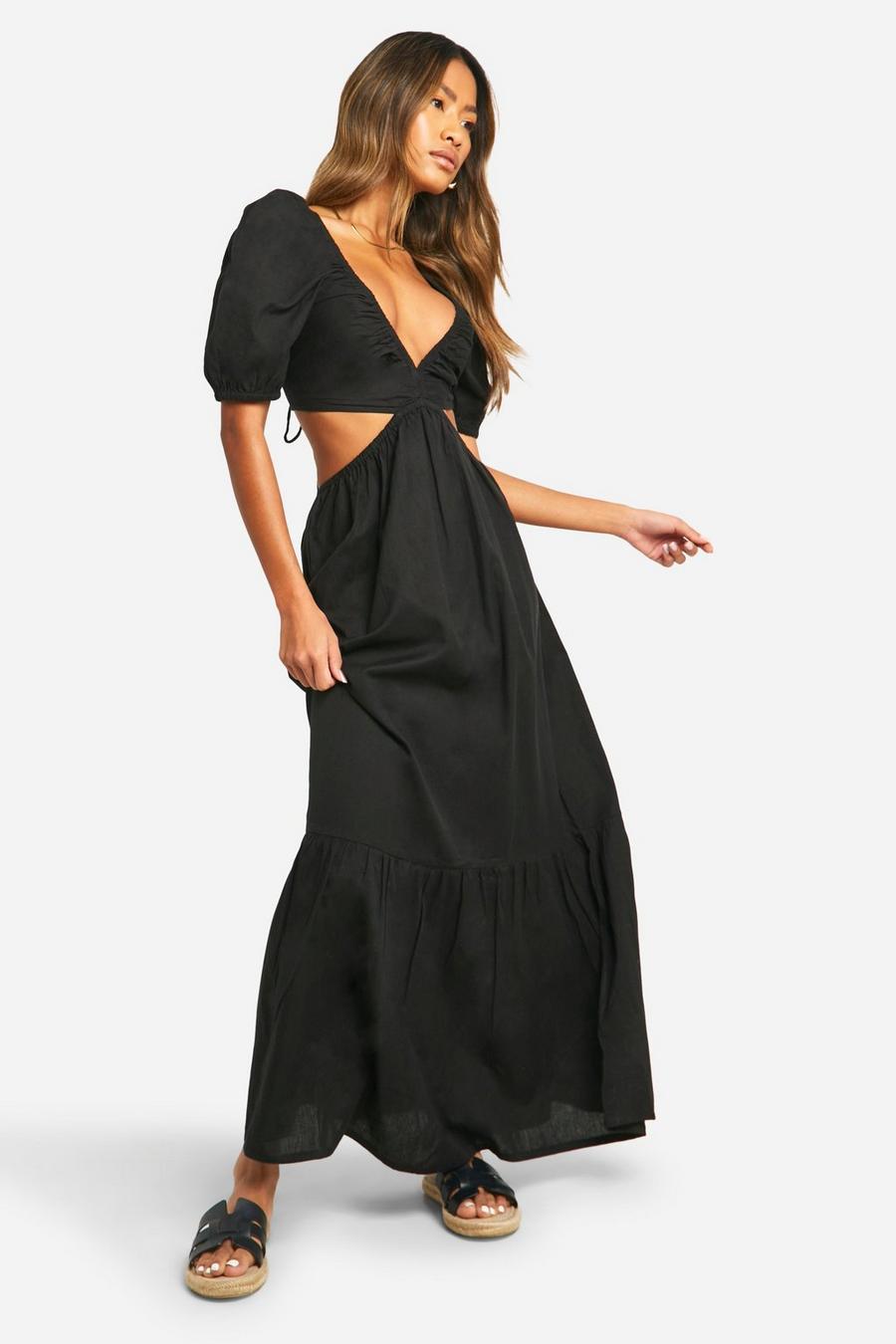 Black Linen Tie Back Puff Sleeve Maxi Dress image number 1