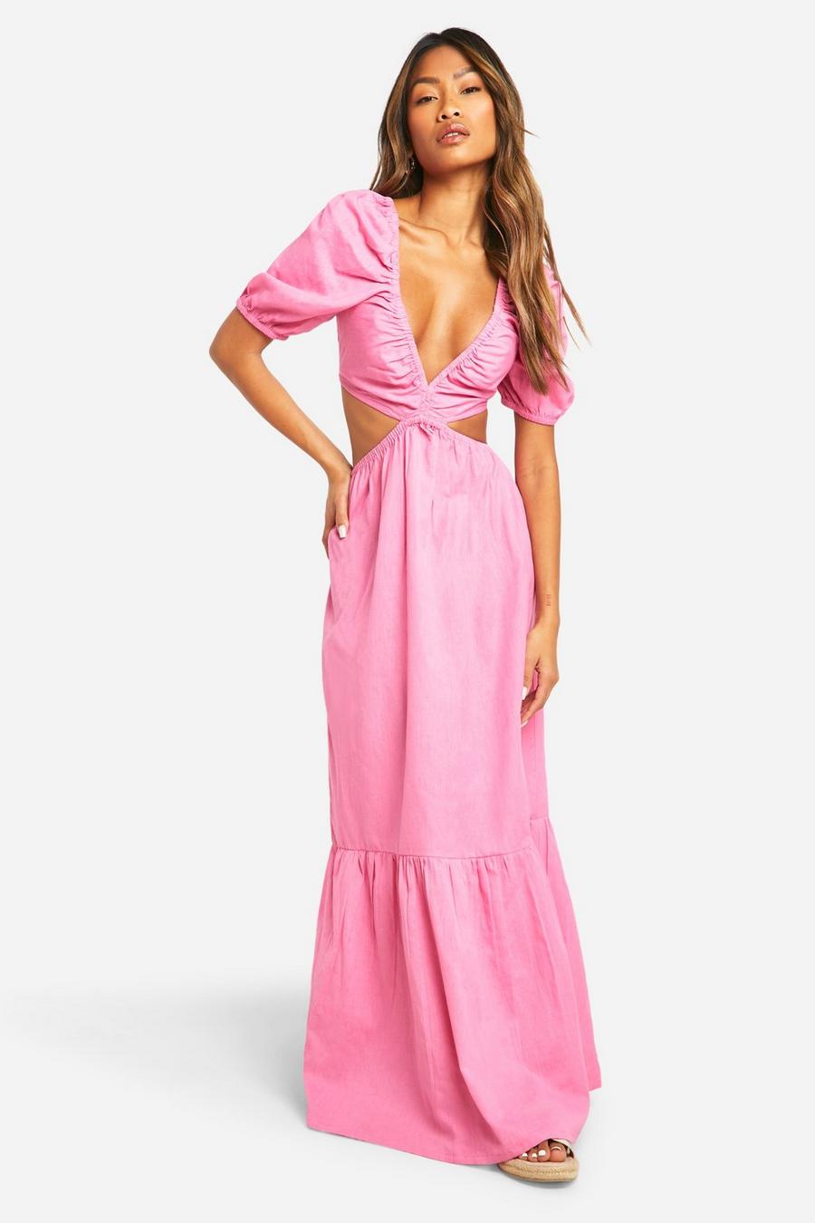 Pink Linen Tie Back Puff Sleeve Maxi Dress image number 1