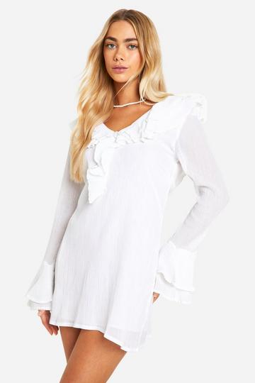 White Ruffle Tie Back Mini Shift Dress