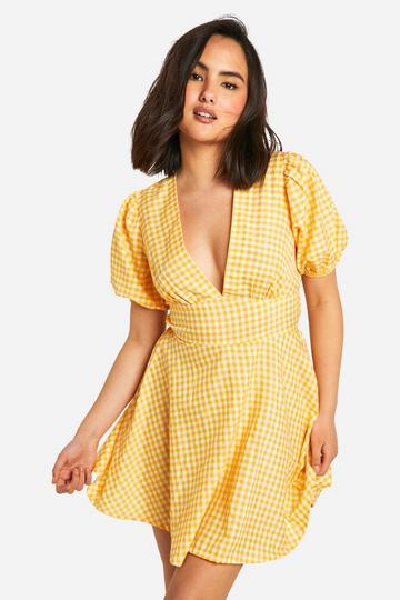 Gesmokte Gingham Jurk Met Pofmouwen yellow