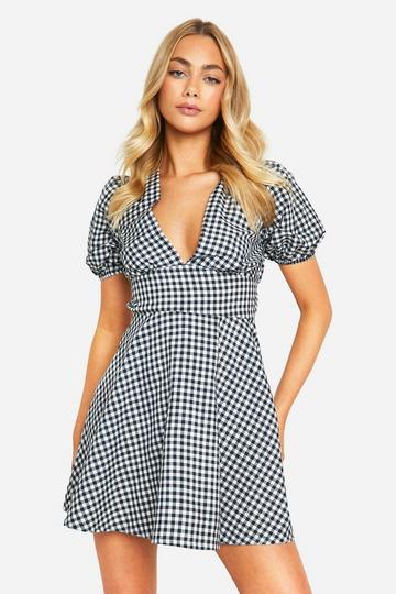 Gingham Puff Sleeve Smock Dress black