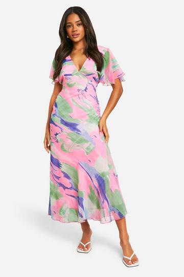 Blur Print Chiffon Angel Sleeve Midaxi Dress multi