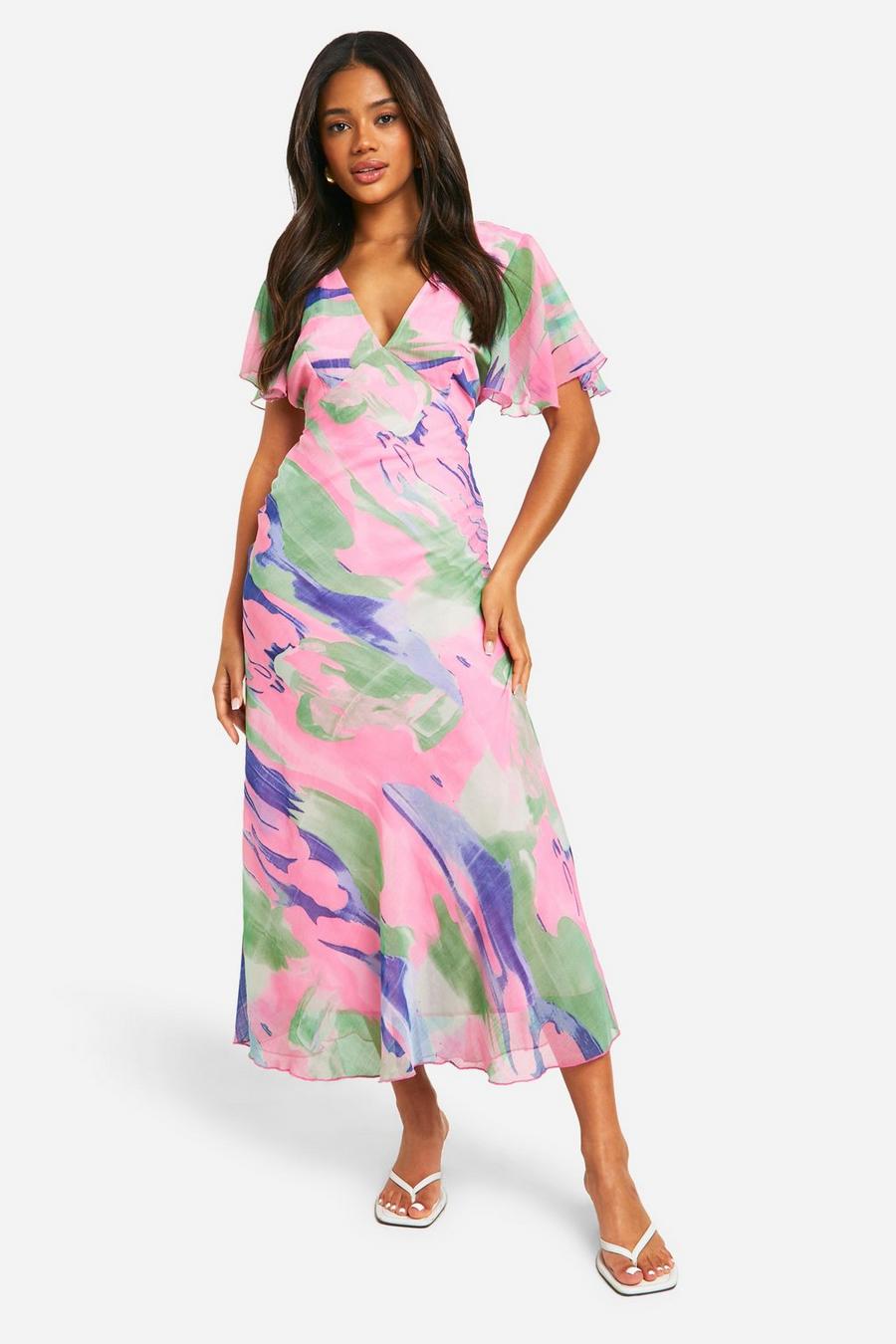Multi Blur Print Chiffon Angel Sleeve Midaxi Dress