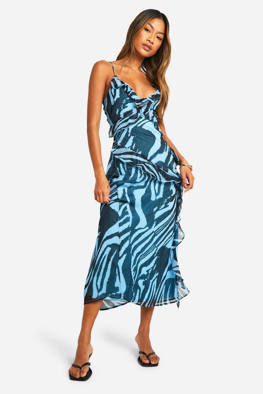 Turquoise Zebra Frill Tie Back Midi Dress image number 1