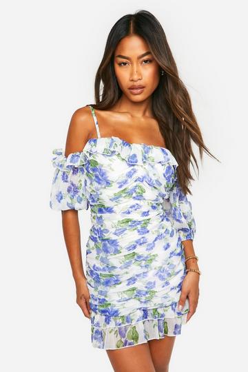 Lilac Purple Soft Floral Puff Sleeve Mini Dress