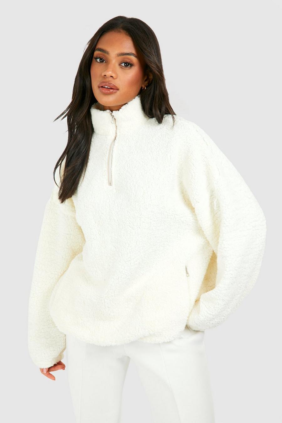 Cream Oversize sweatshirt i teddy med kort dragkedja image number 1