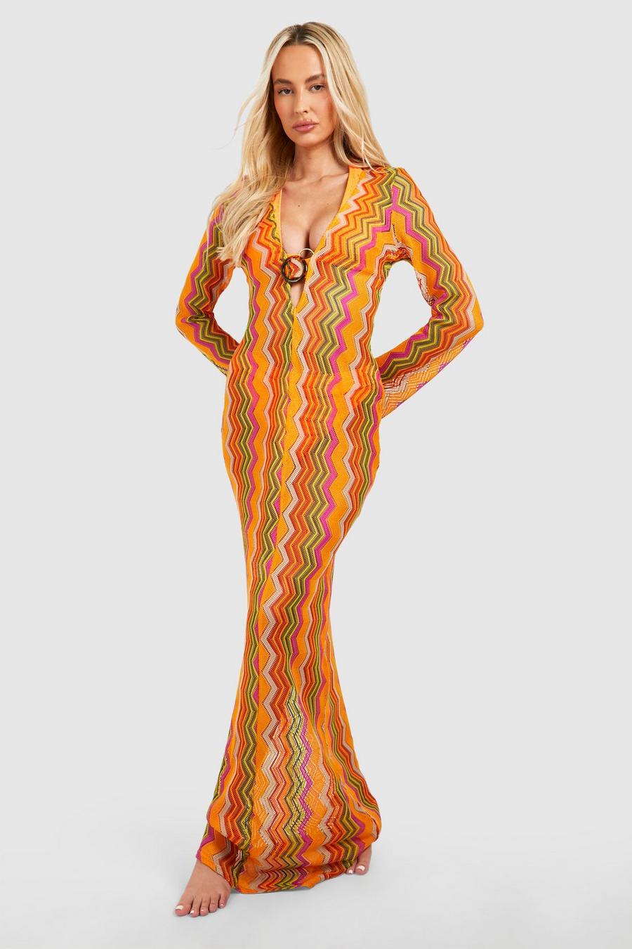 Orange Tall Zig Zag Crochet Beach Maxi Dress  image number 1
