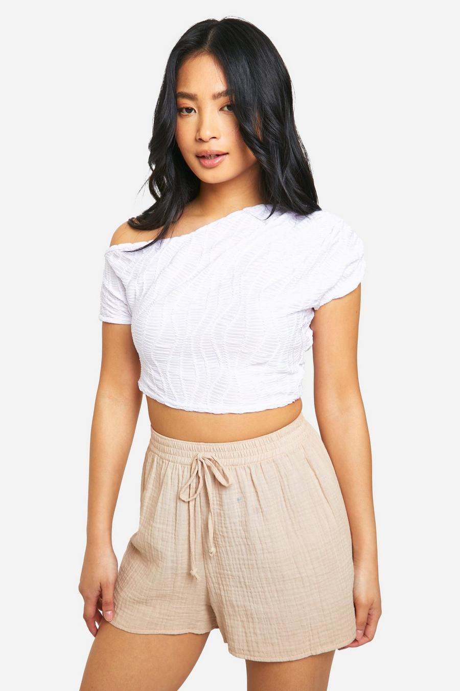 White Petite Textured Off The Shoulder Top  image number 1