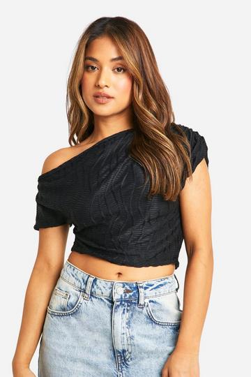 Petite Off Shoulder Top Met Textuur black