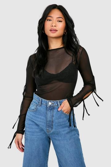 Petite Bow Detail Mesh Top black
