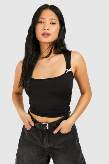 Black Petite Bow Detail Ruched Top