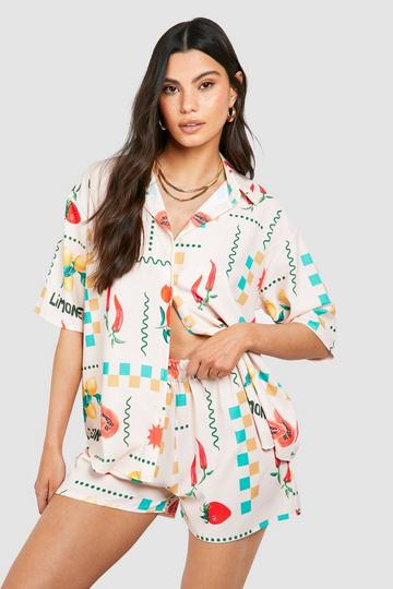 Hammered Fruit Print Oversized Fit Shirt & Shorts peach