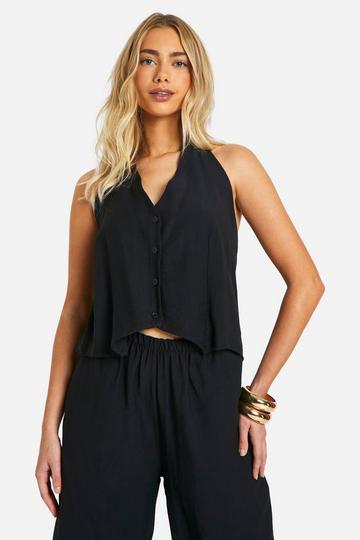 Linen Look Relaxed Fit Tie Back Waistcoat black