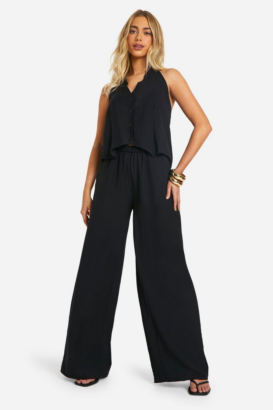 Black Linen Look Wide Leg Relaxed Fit Trousers image number 1