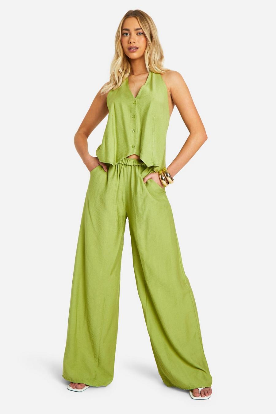 Olive Linen Look Wide Leg Relaxed Fit Trousers image number 1