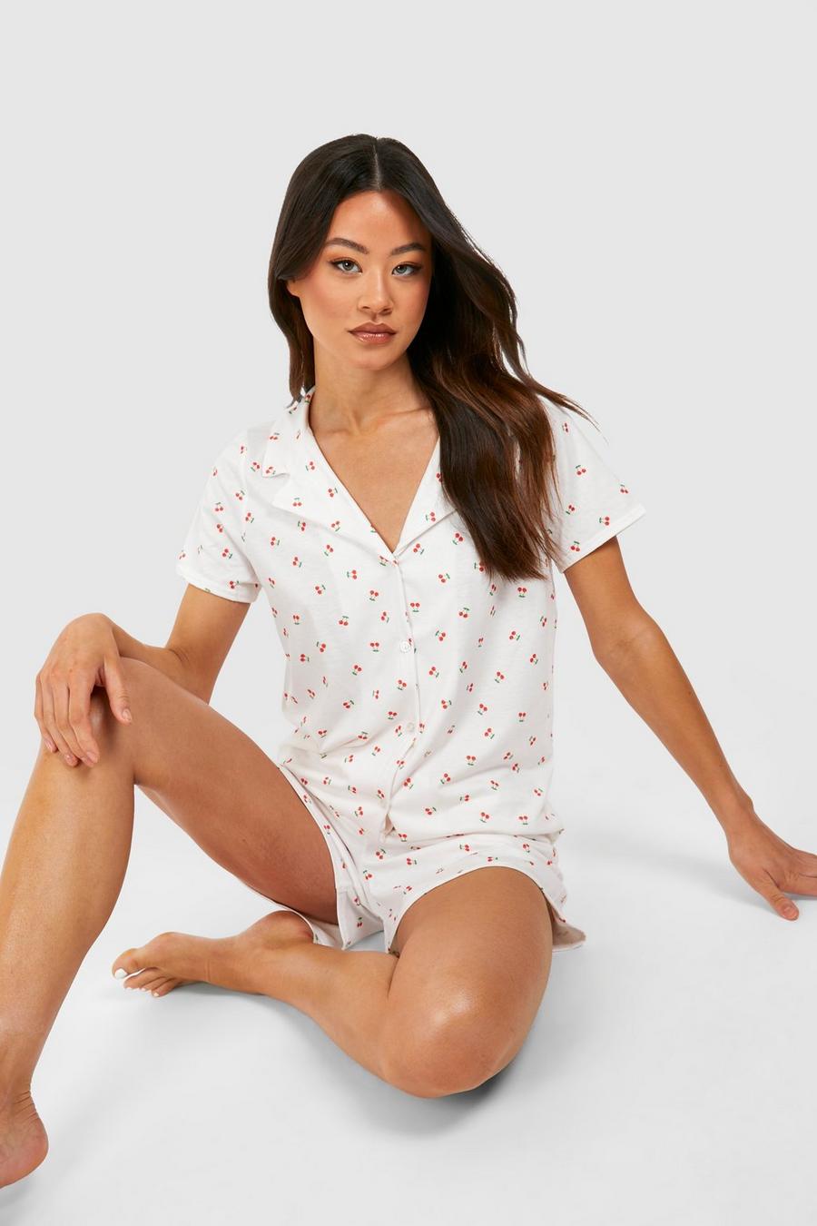 Pijama Tall corto con estampado de cerezas, White image number 1