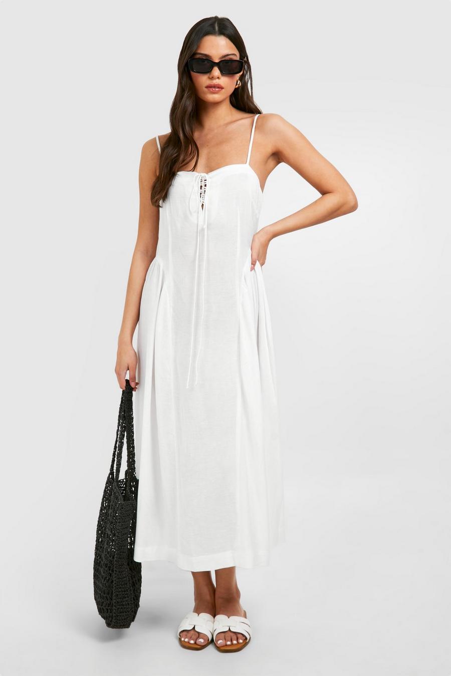 White Linen Tie Front Milkmaid Midi Dress image number 1