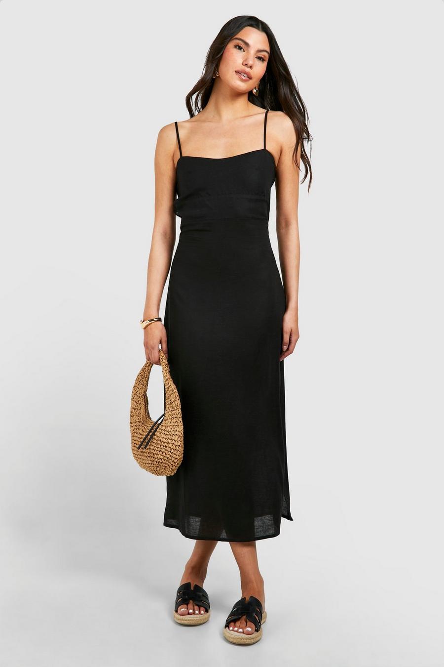 Black Linen Strap Detail Maxi Dress