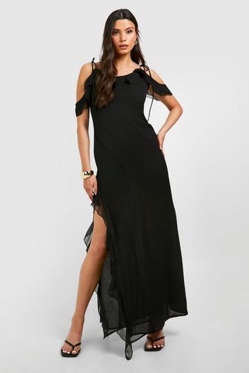 Chiffon Ruffle Split Maxi Dress black