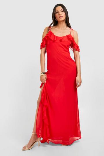 Chiffon Ruffle Split Maxi Dress red